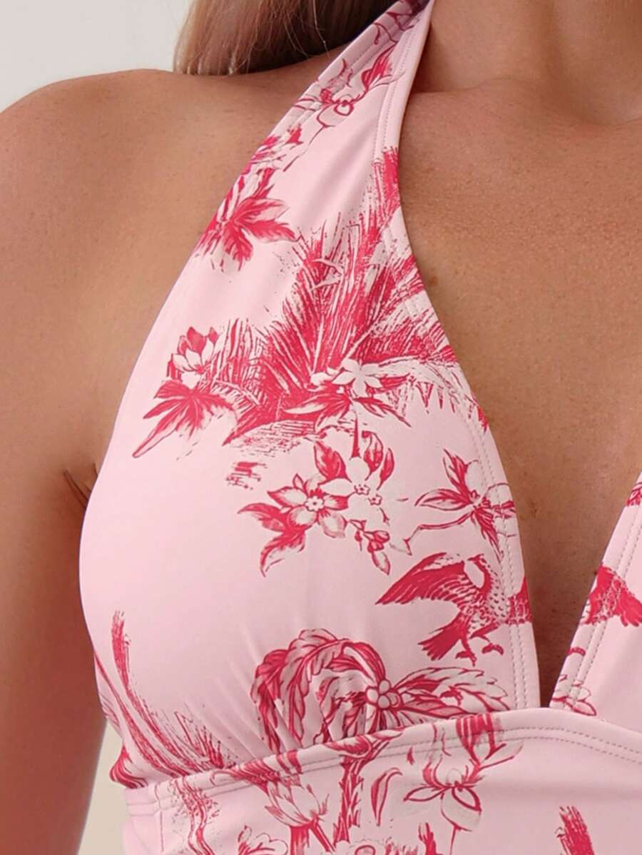 Buy SHEIN Swim Mod Summer Beach Tropical Print Halter One Piece Swimsuit in Pakistan