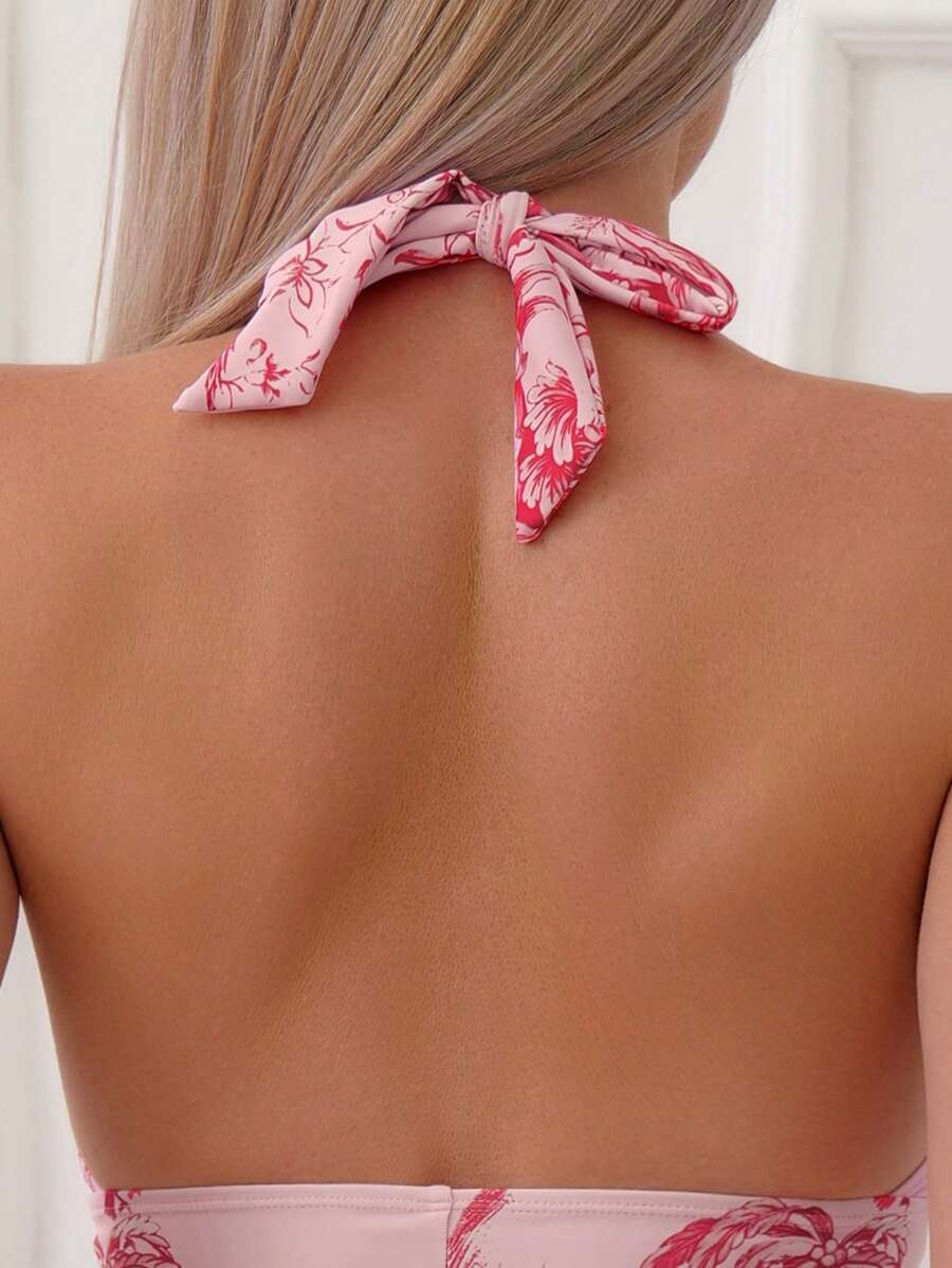 Buy SHEIN Swim Mod Summer Beach Tropical Print Halter One Piece Swimsuit in Pakistan