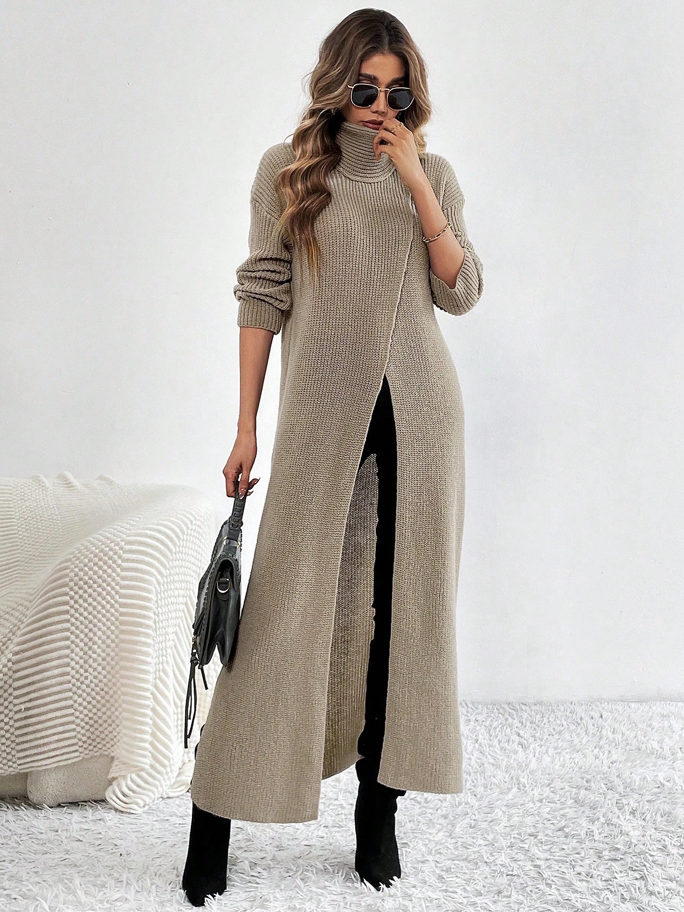 white christmas dresses SHEIN Turtleneck Slit Dress, Long Sleeve Casual Party Club Dress, Eleg