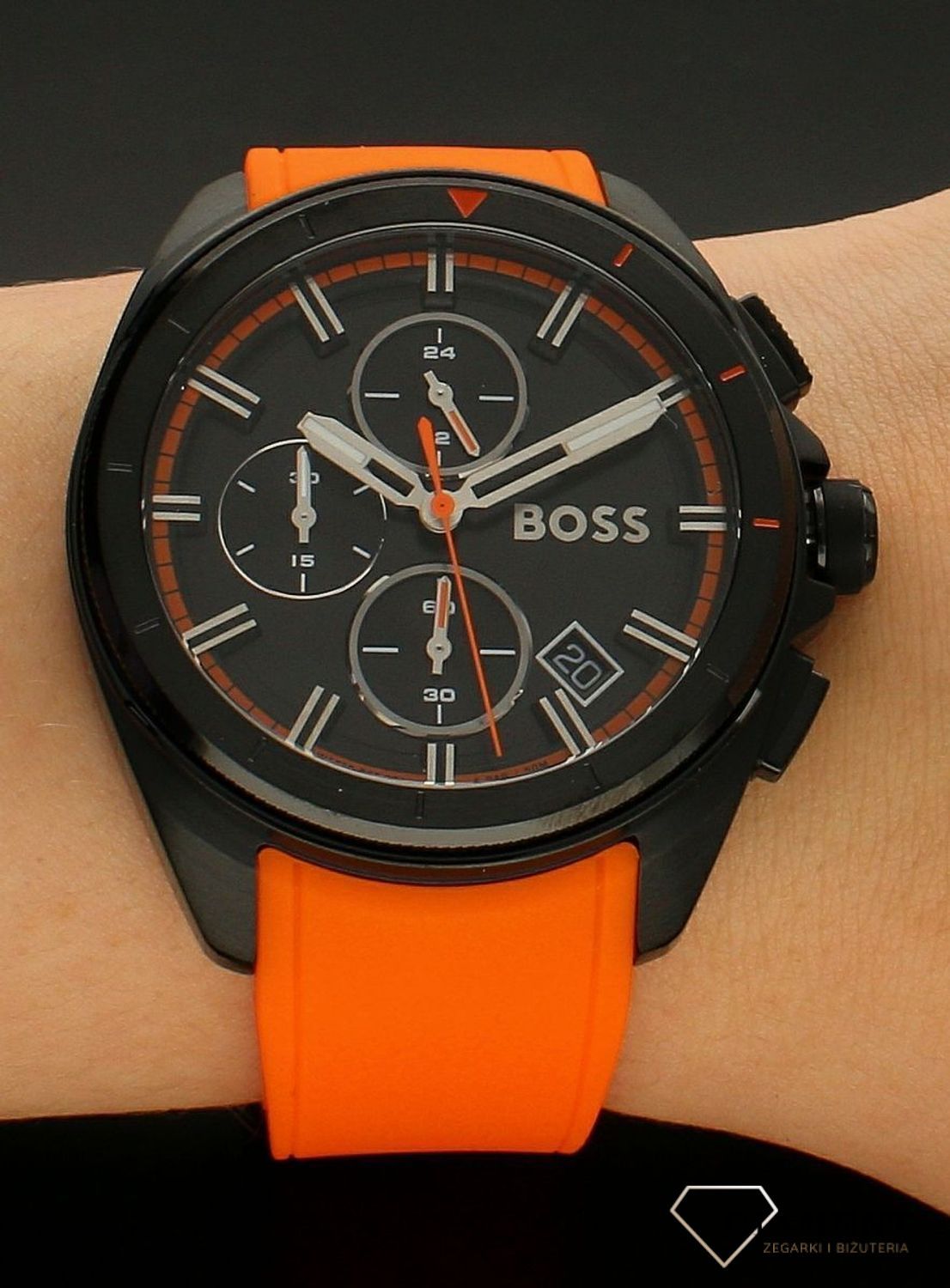 Buy Hugo Boss Volane Chronograph Black Dial Orange Rubber Strap Mens Watch 45mm 5ATM - 1513957 in Pakistan
