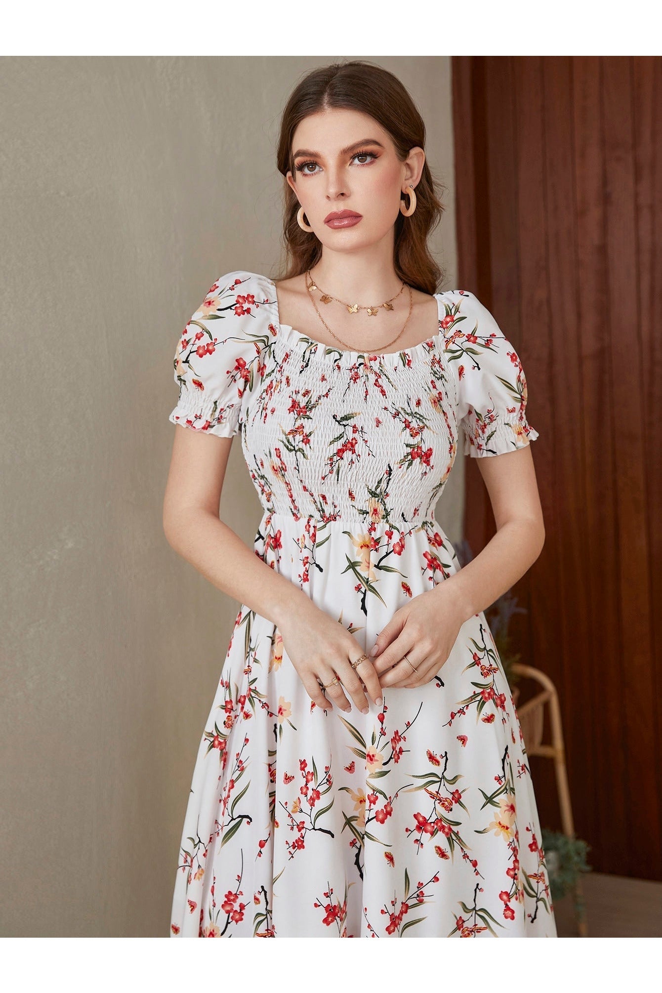 Shein Floral Square Neck Shirred A-line Dress