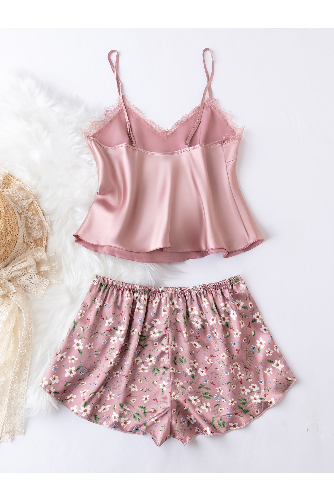 Buy Shein Floral Print Lace Detail Tie Front Satin PJ Set - Large Dusty Pink in Pakistan