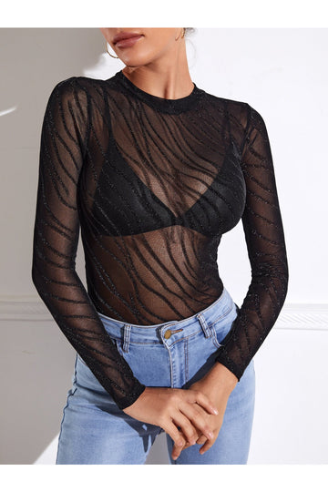 Buy SHEIN BAE Lettuce Trim Glitter Sheer Mesh Top Without Bra in Pakistan