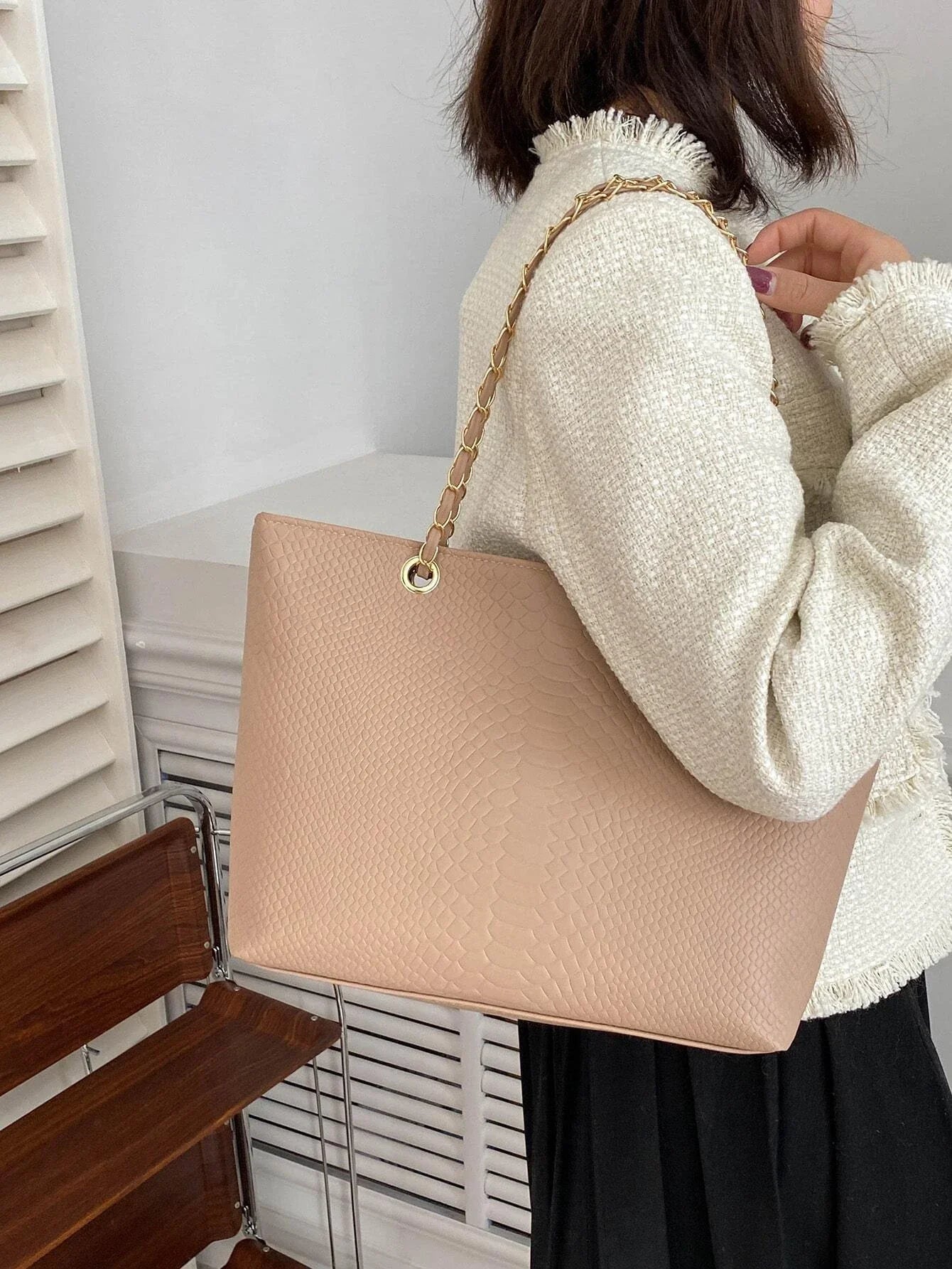 Buy Shein Geometric Embossed Grommet Eyelet Shoulder Tote Bag in Pakistan