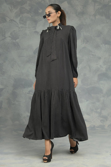 Buy Negative Apparel Knot Collar Lantern Sleeve Dress FD - Black in Pakistan