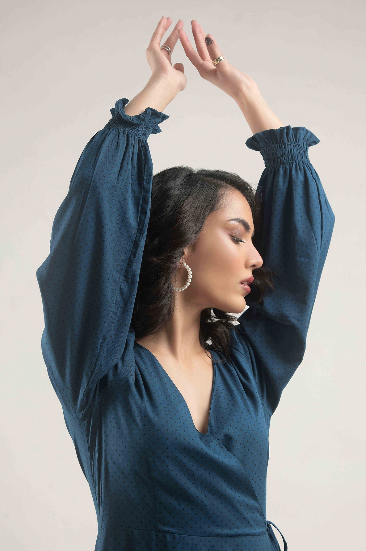 Buy Negative Apparel Flounce Sleeve Ruffle Trim Wrap Knot Side Dress FD - Blue Polka in Pakistan