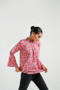 Buy Negative Apparel Floral Print Frill Neck Flounce Sleeve Blouse FD - Peach Floral in Pakistan
