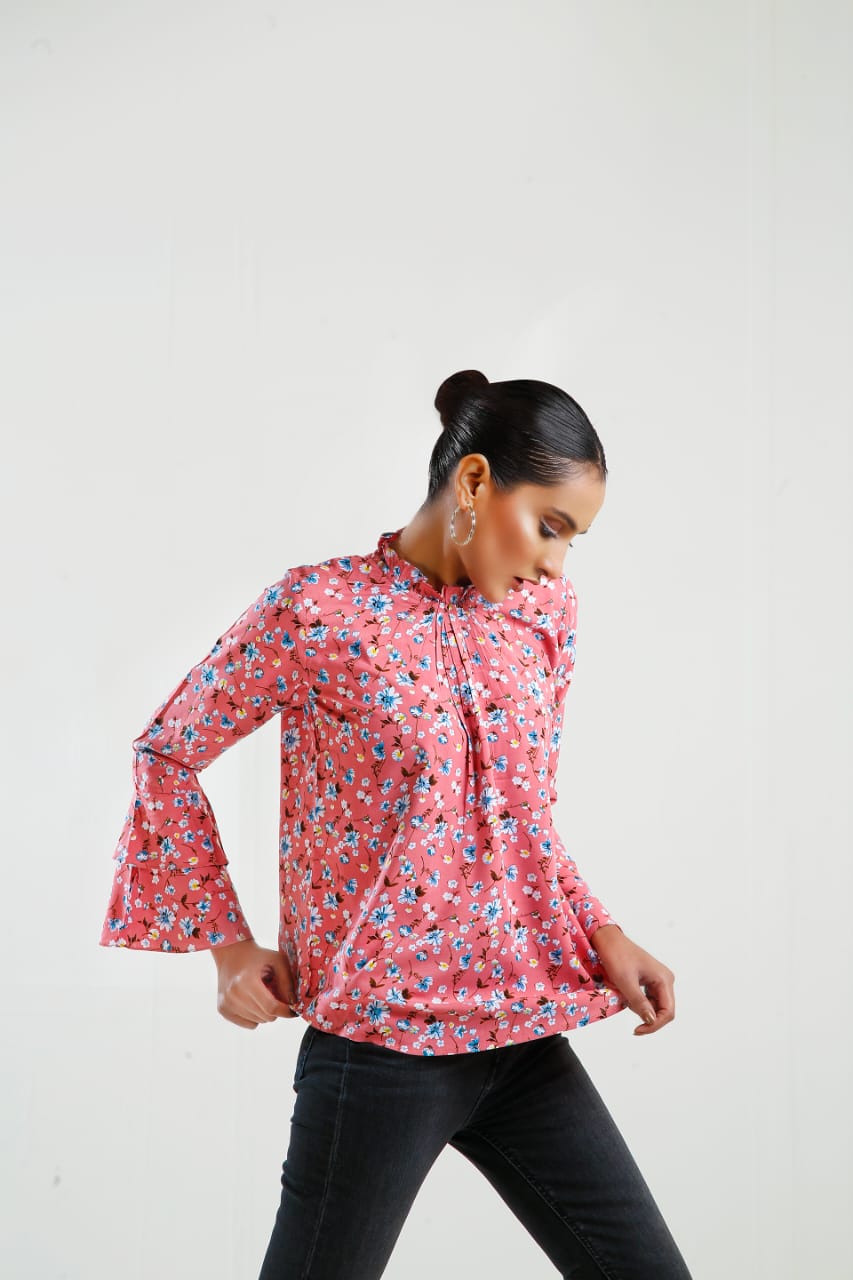 Buy Negative Apparel Floral Print Frill Neck Flounce Sleeve Blouse FD - Peach Floral in Pakistan