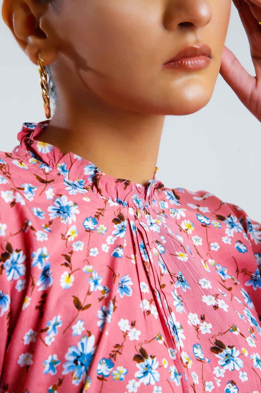 Buy Negative Apparel Floral Print Frill Neck Flounce Sleeve Blouse FD - Peach Floral in Pakistan