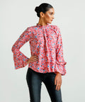 Buy Negative Apparel Floral Print Frill Neck Flounce Sleeve Blouse FD - Peach Floral in Pakistan