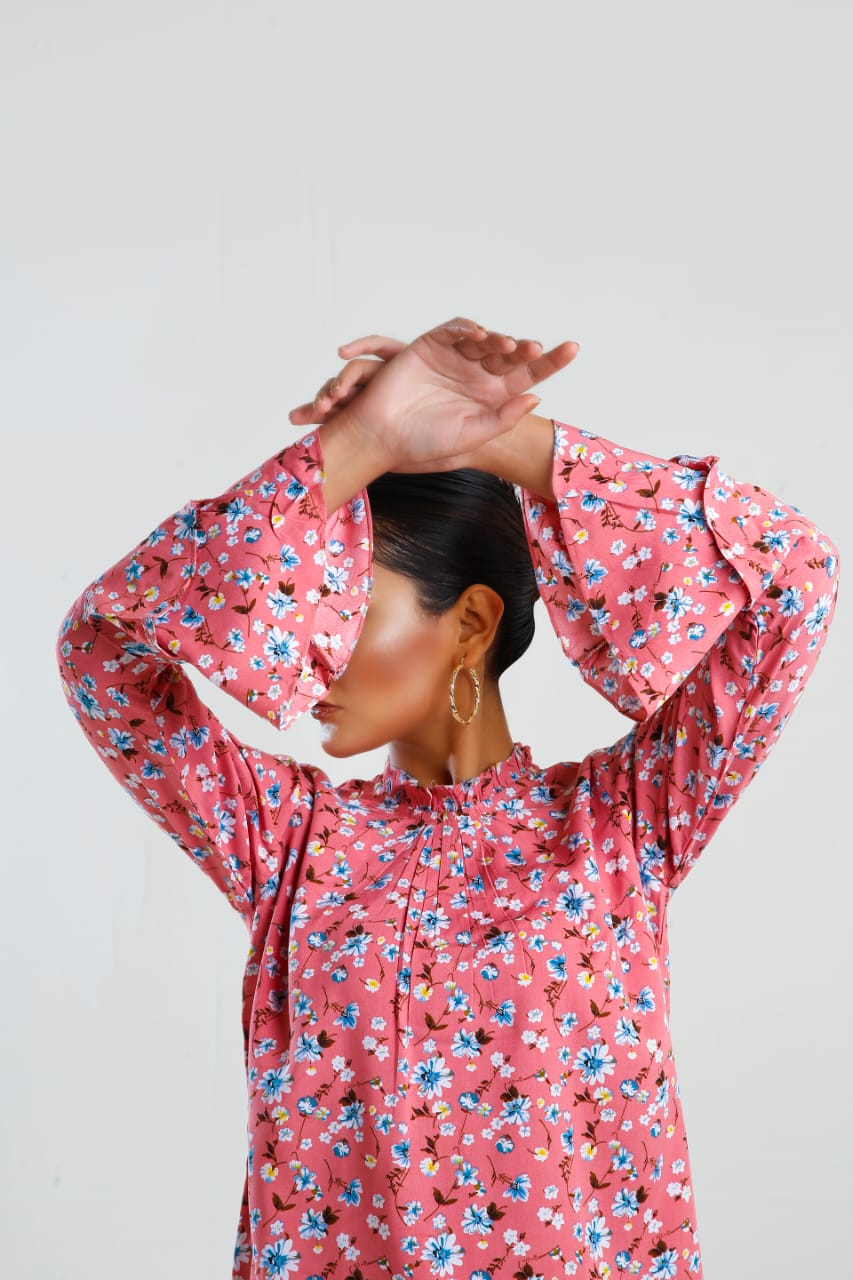 Buy Negative Apparel Floral Print Frill Neck Flounce Sleeve Blouse FD - Peach Floral in Pakistan