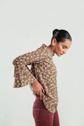Buy Negative Apparel Floral Print Frill Neck Flounce Sleeve Blouse FD - Olive Floral in Pakistan