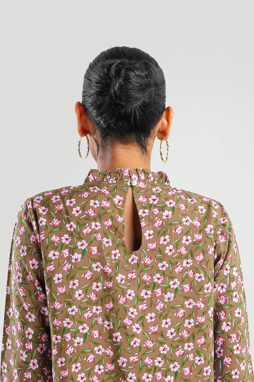 Buy Negative Apparel Floral Print Frill Neck Flounce Sleeve Blouse FD - Olive Floral in Pakistan