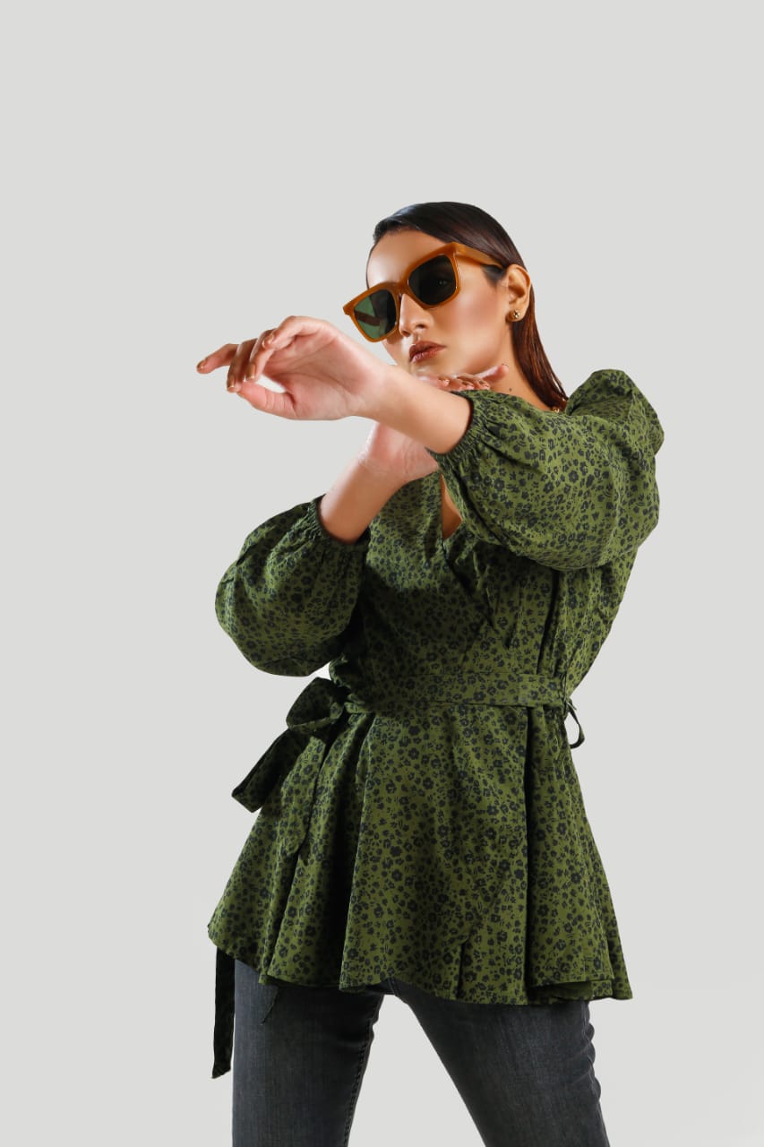 Buy Negative Apparel Allover Print Lantern Sleeve Peplum Blouse FD - Multicolor in Pakistan