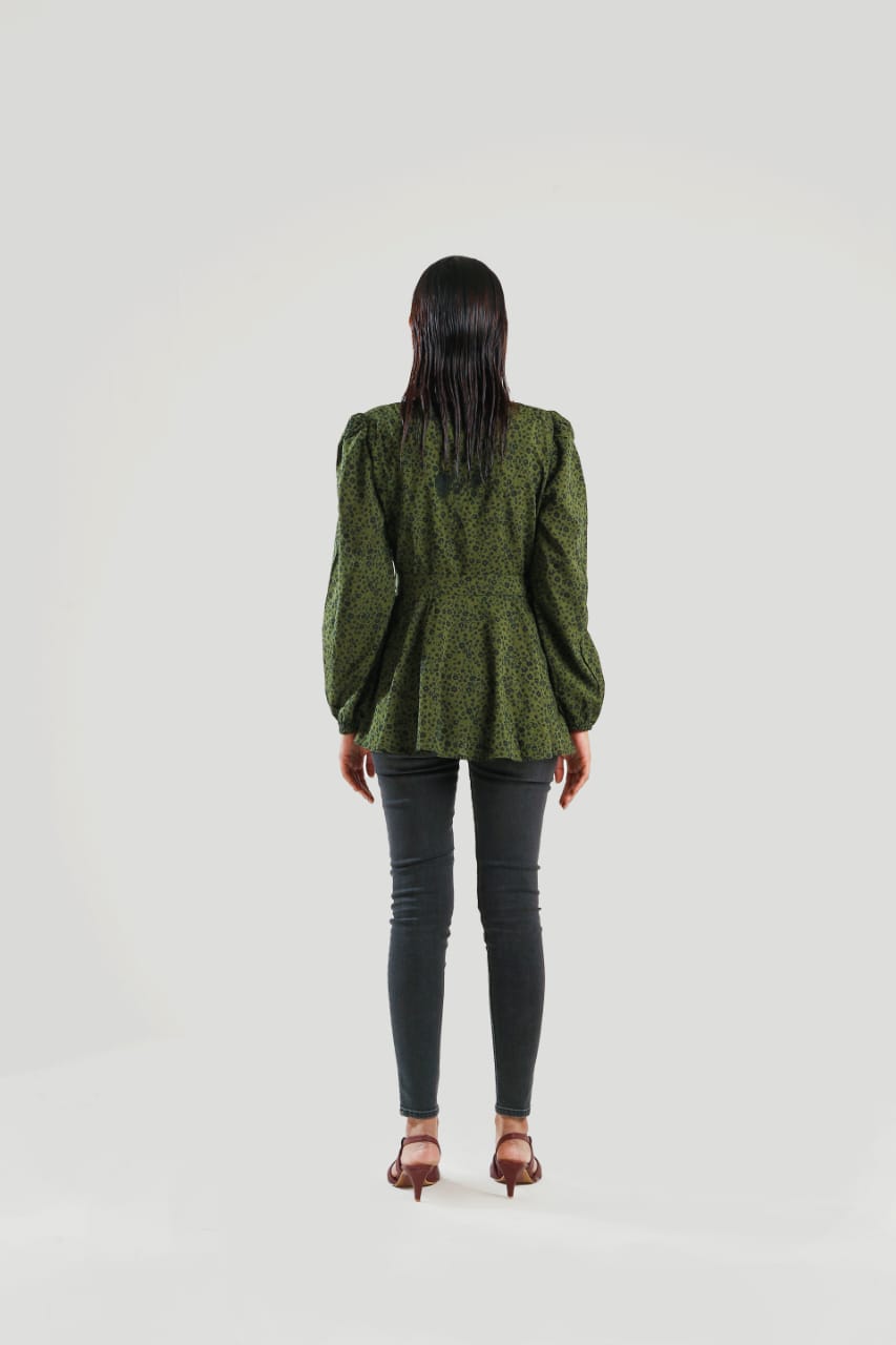 Buy Negative Apparel Allover Print Lantern Sleeve Peplum Blouse FD - Multicolor in Pakistan