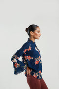 Buy Negative Apparel Floral Print Frill Neck Flounce Sleeve Blouse FD - Blue Floral in Pakistan