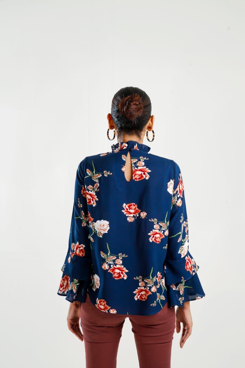 Buy Negative Apparel Floral Print Frill Neck Flounce Sleeve Blouse FD - Blue Floral in Pakistan
