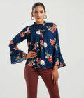 Buy Negative Apparel Floral Print Frill Neck Flounce Sleeve Blouse FD - Blue Floral in Pakistan