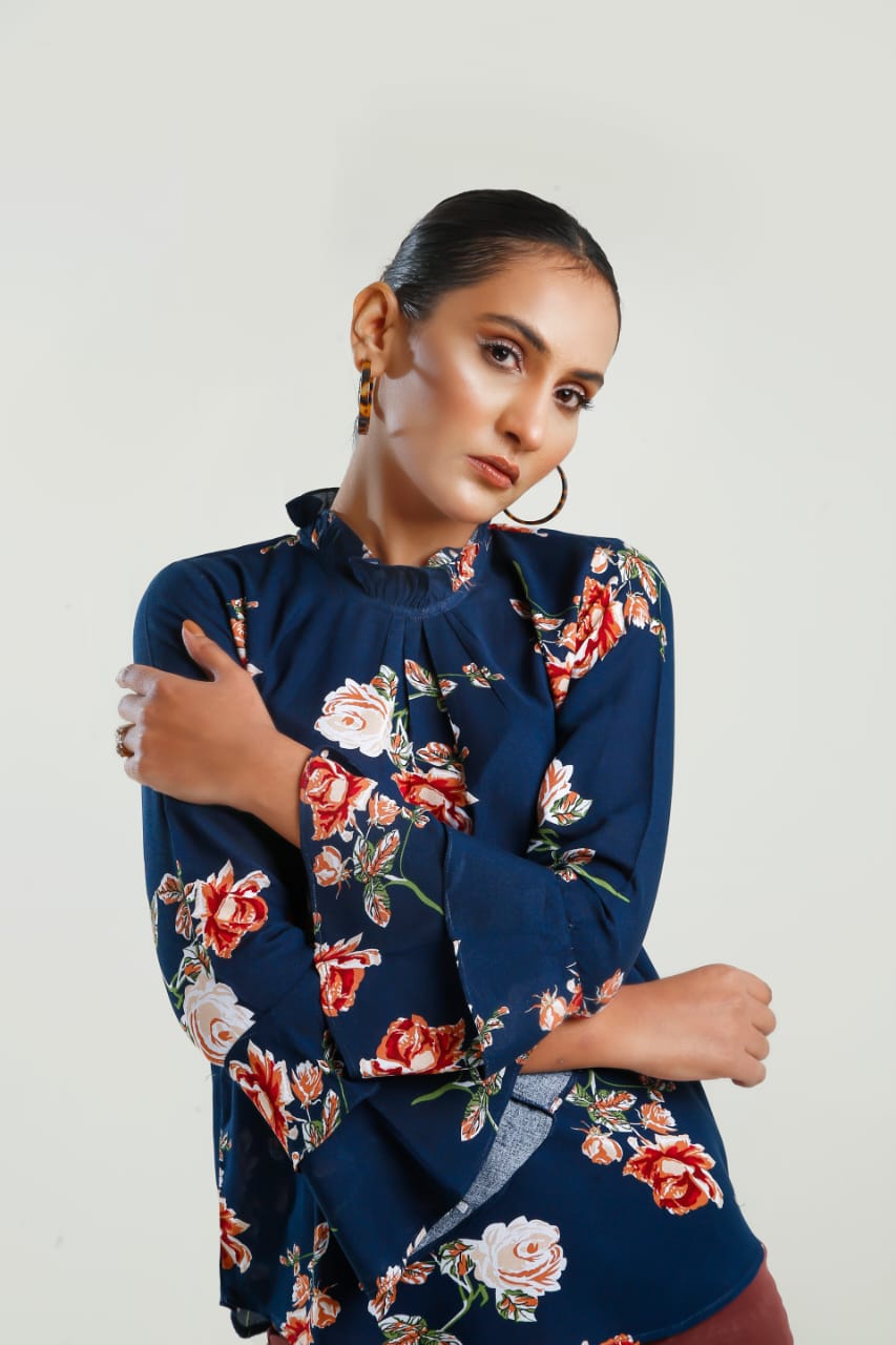 Buy Negative Apparel Floral Print Frill Neck Flounce Sleeve Blouse FD - Blue Floral in Pakistan
