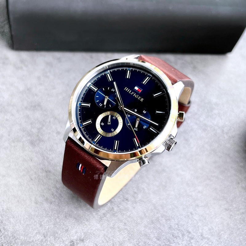 Buy Tommy Hilfiger Mens Quartz Brown Leather Strap Blue Dial 44mm Watch - 1710496 in Pakistan