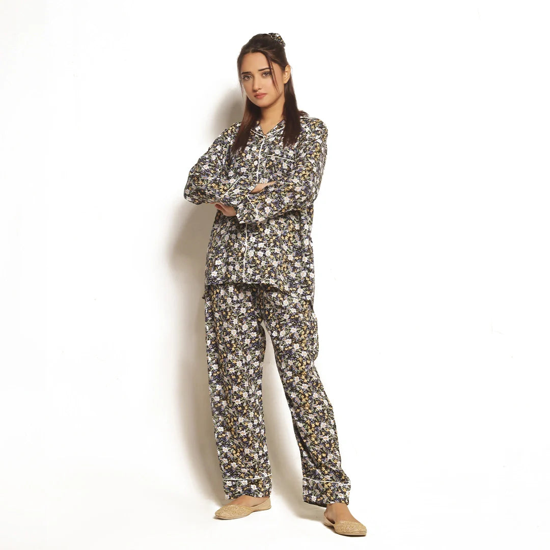 Buy Sajiero Full Bloom Linen Pajama Suit with Scrunchie in Pakistan