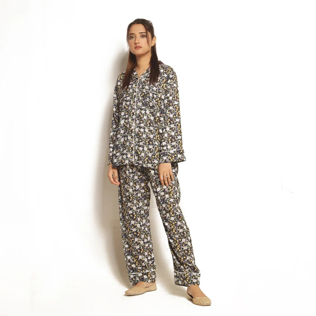 Buy Sajiero Full Bloom Linen Pajama Suit with Scrunchie in Pakistan