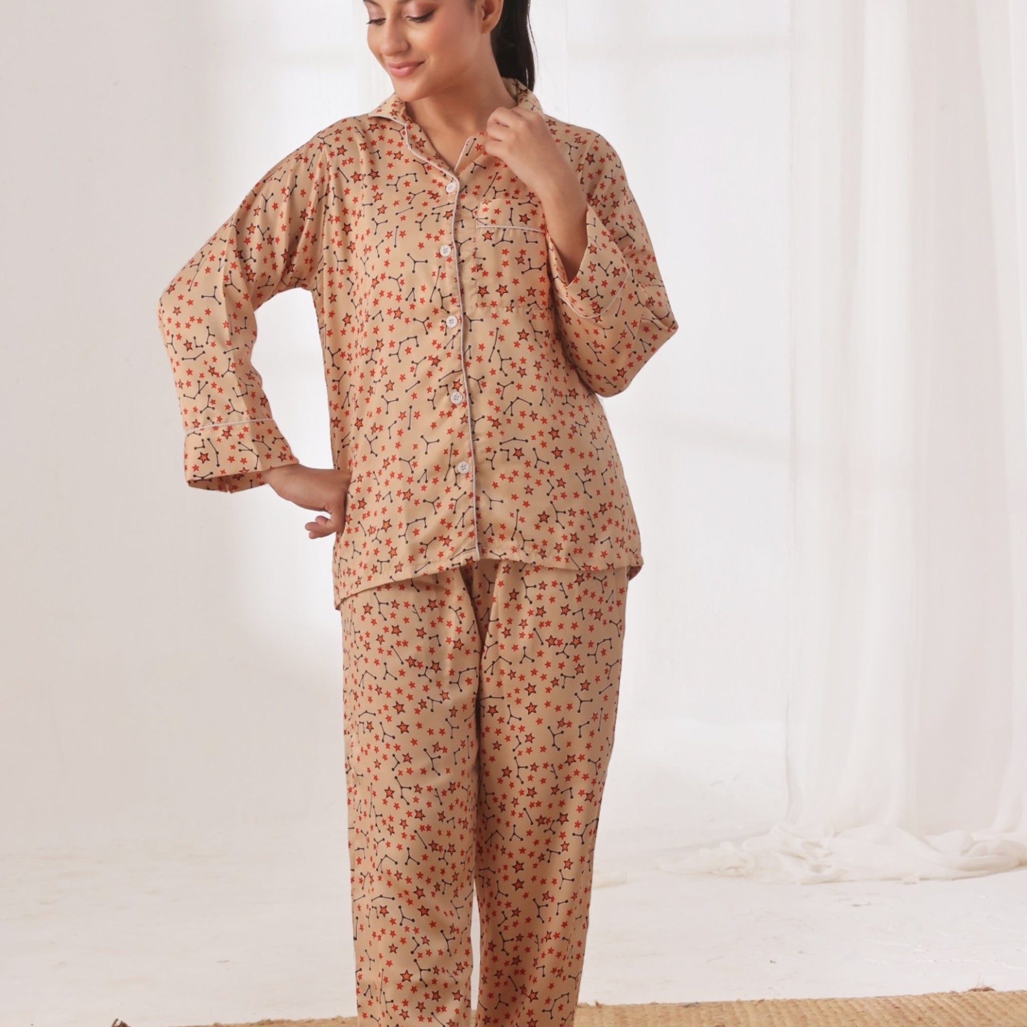 Buy Sajiero Silk Pajama Suit with Scrunchie - Cosmic Calm in Pakistan
