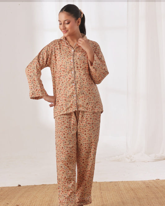 Buy Sajiero Silk Pajama Suit with Scrunchie - Cosmic Calm in Pakistan