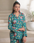 Buy Sajiero Linen Pajama Suit with Scrunchie - Green Vibe in Pakistan