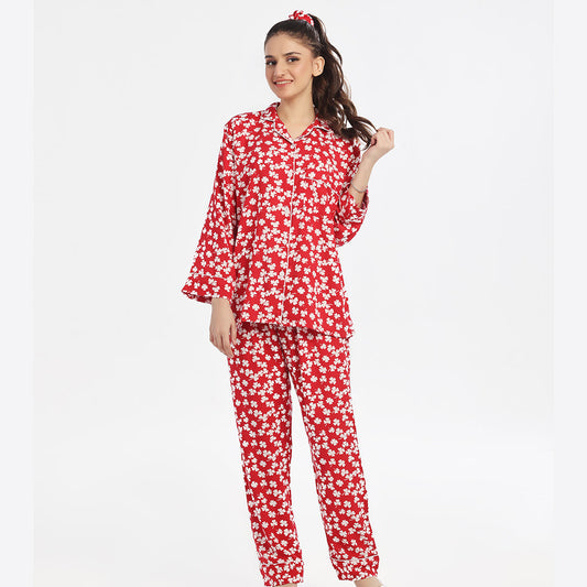 Buy Sajiero Autumn Red Linen Pajama Suit with Scrunchie in Pakistan