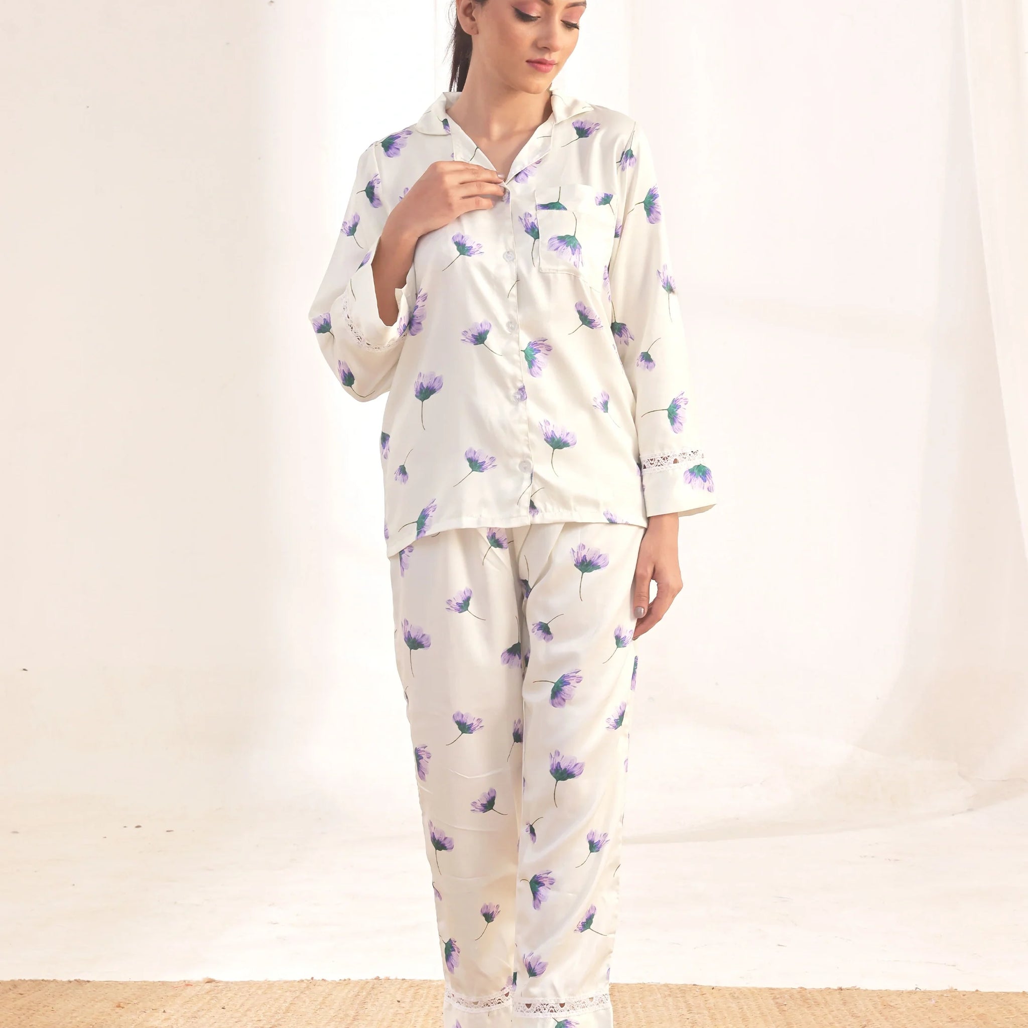 Buy Sajiero Silk Pajama Suit - Floral Haze in Pakistan