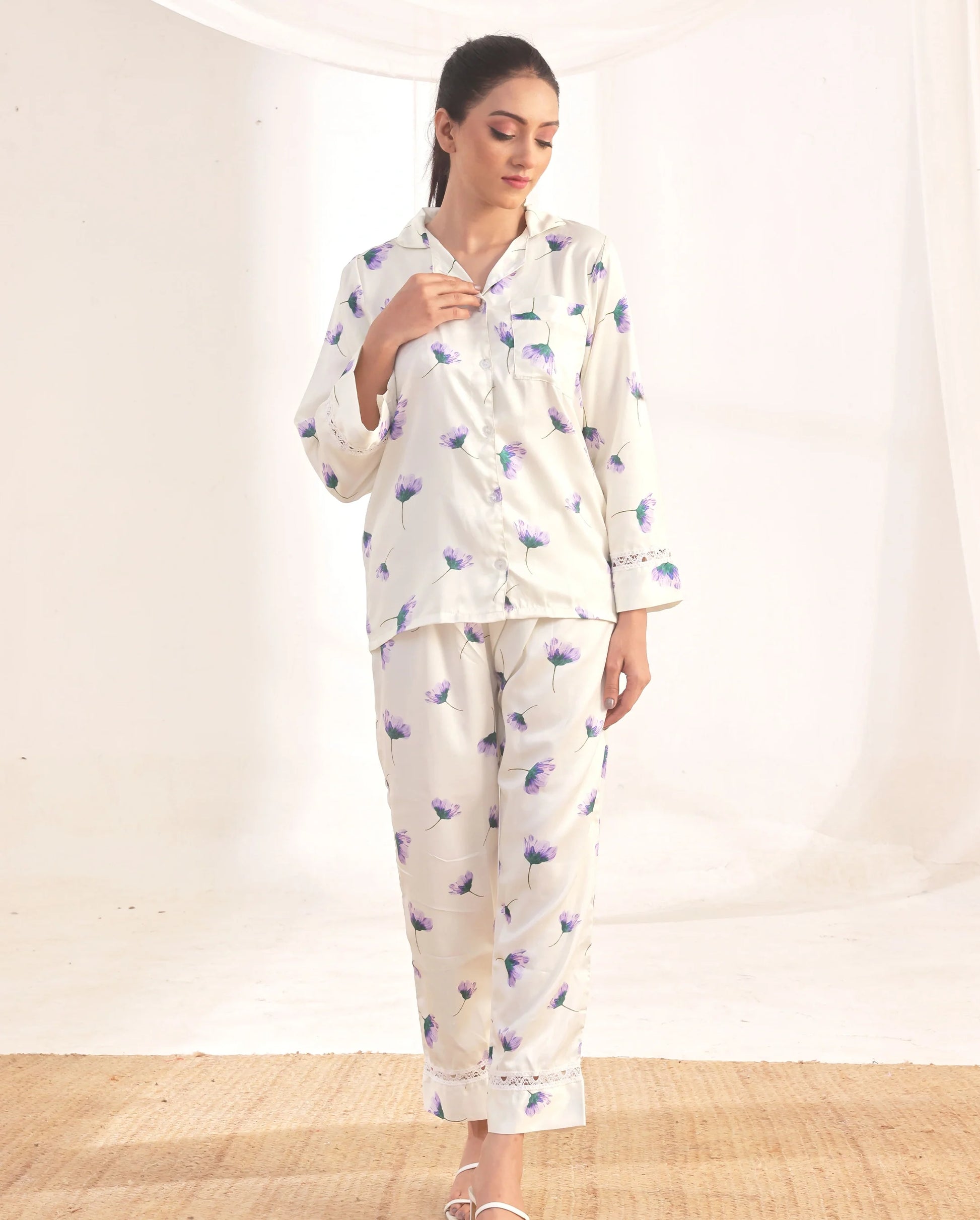 Buy Sajiero Silk Pajama Suit - Floral Haze in Pakistan