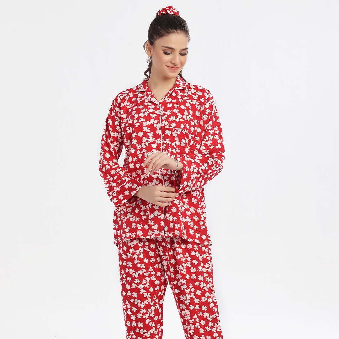 Buy Sajiero Autumn Red Linen Pajama Suit with Scrunchie in Pakistan