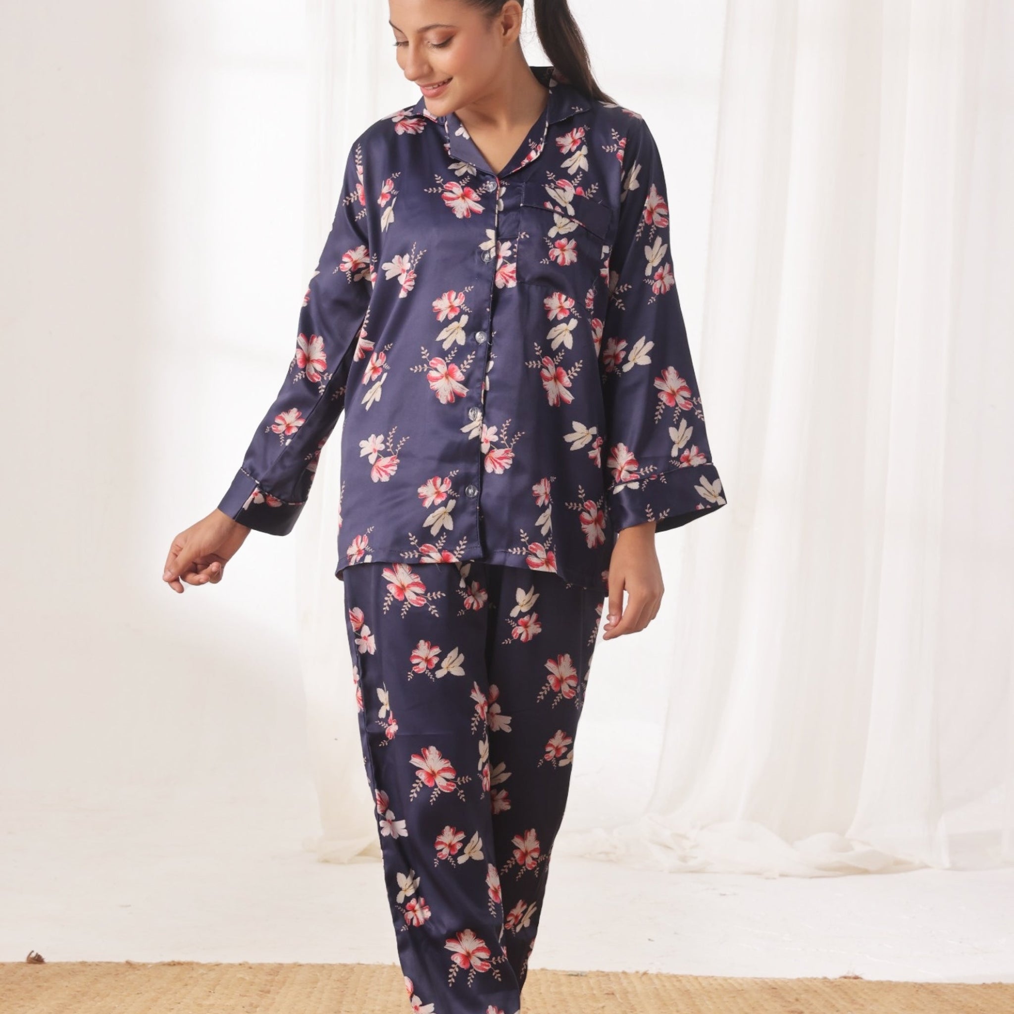 Buy Sajiero Silk Pajama Suit with Scrunchie - Blue Blush in Pakistan