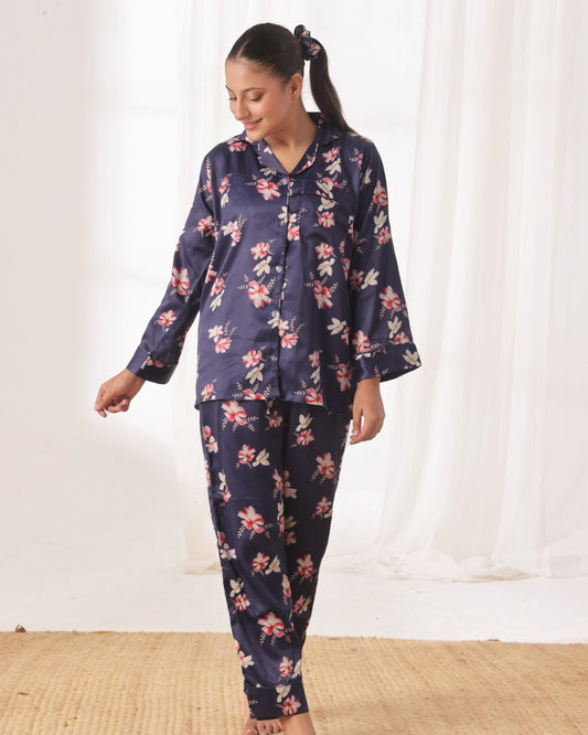 Buy Sajiero Silk Pajama Suit with Scrunchie - Blue Blush in Pakistan
