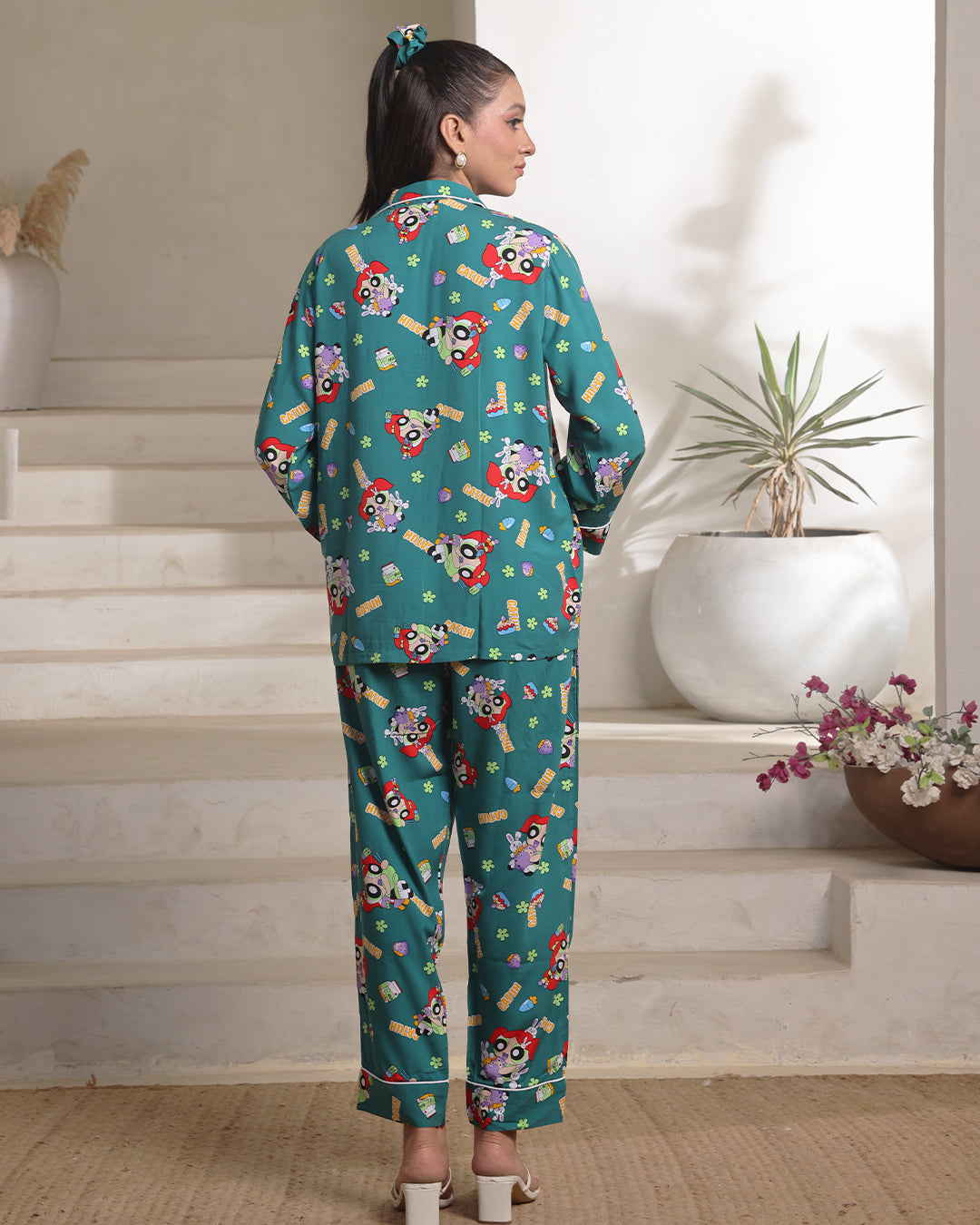 Buy Sajiero Linen Pajama Suit with Scrunchie - Green Vibe in Pakistan
