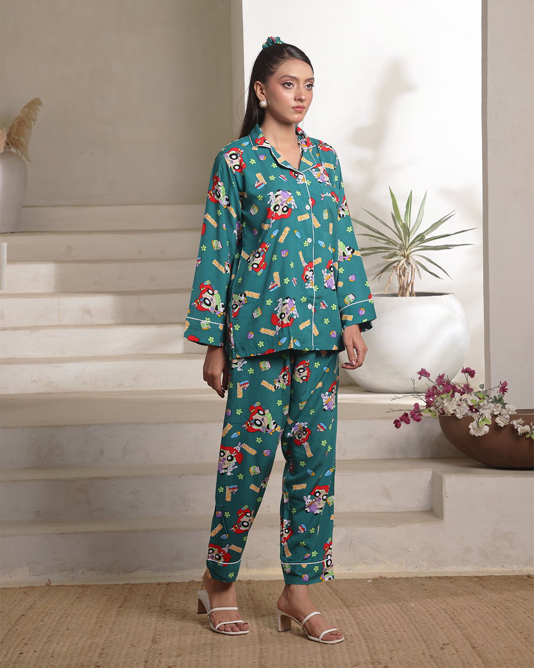 Buy Sajiero Linen Pajama Suit with Scrunchie - Green Vibe in Pakistan