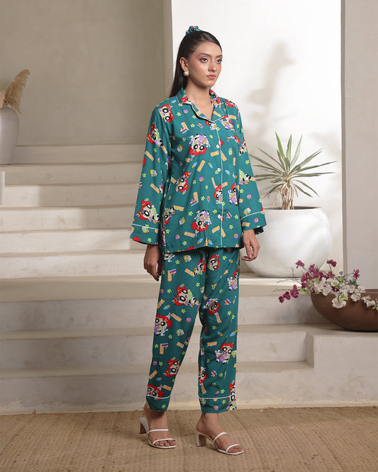 Buy Sajiero Linen Pajama Suit with Scrunchie - Green Vibe in Pakistan