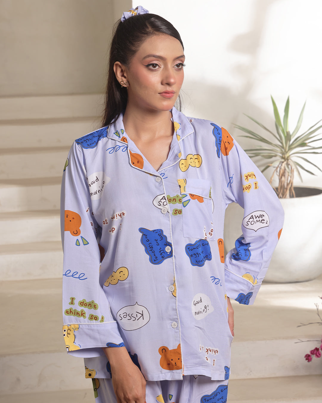 Buy Sajiero Linen Pajama Suit with Scrunchie - Happy Snooze in Pakistan