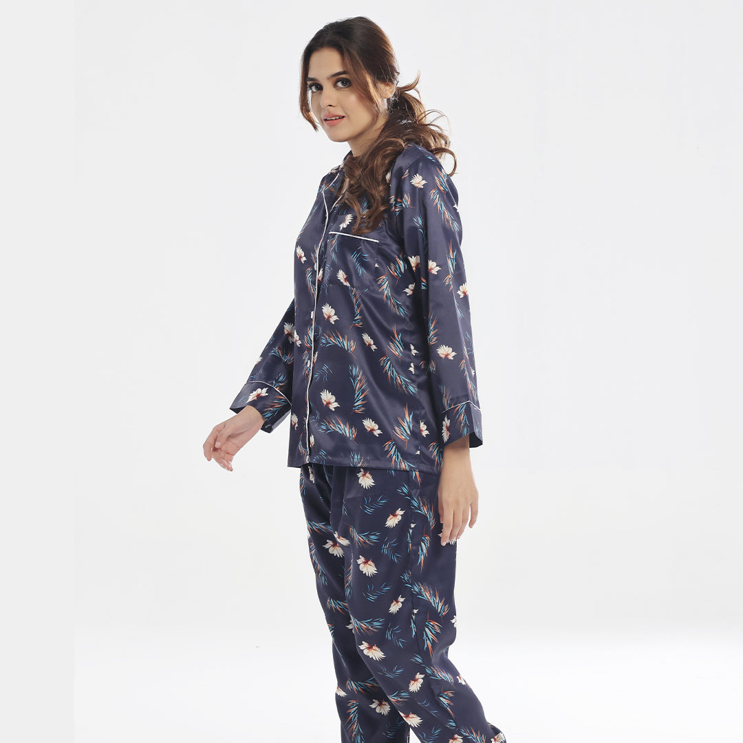 Buy Sajiero Silk Pajama Suit with Scrunchie - Bloom Haven in Pakistan