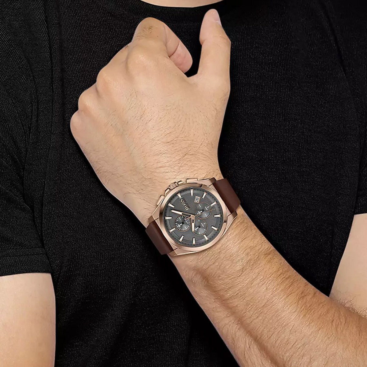 Buy Hugo Boss Mens Quartz Brown Leather Strap Grey Dial 46mm Watch - 1513882 in Pakistan