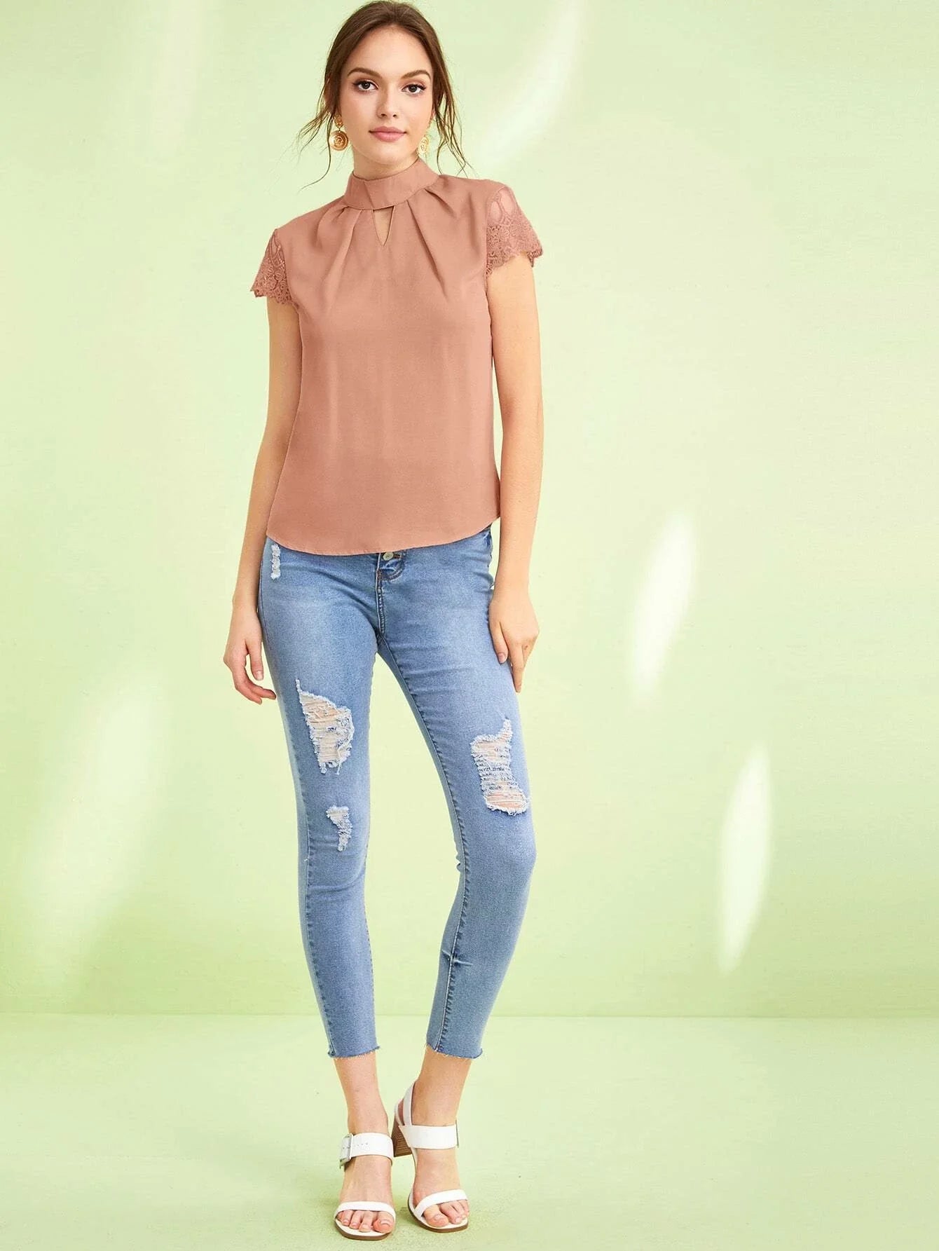 Buy SHEIN Embroidered Mesh Sleeve Keyhole Front Top in Pakistan