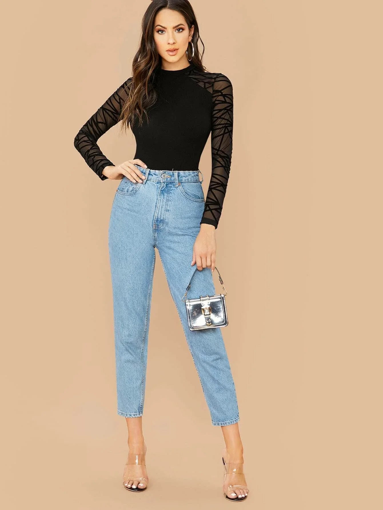Buy SHEIN Geo Mesh Sleeve Form Fitted Bodysuit in Pakistan