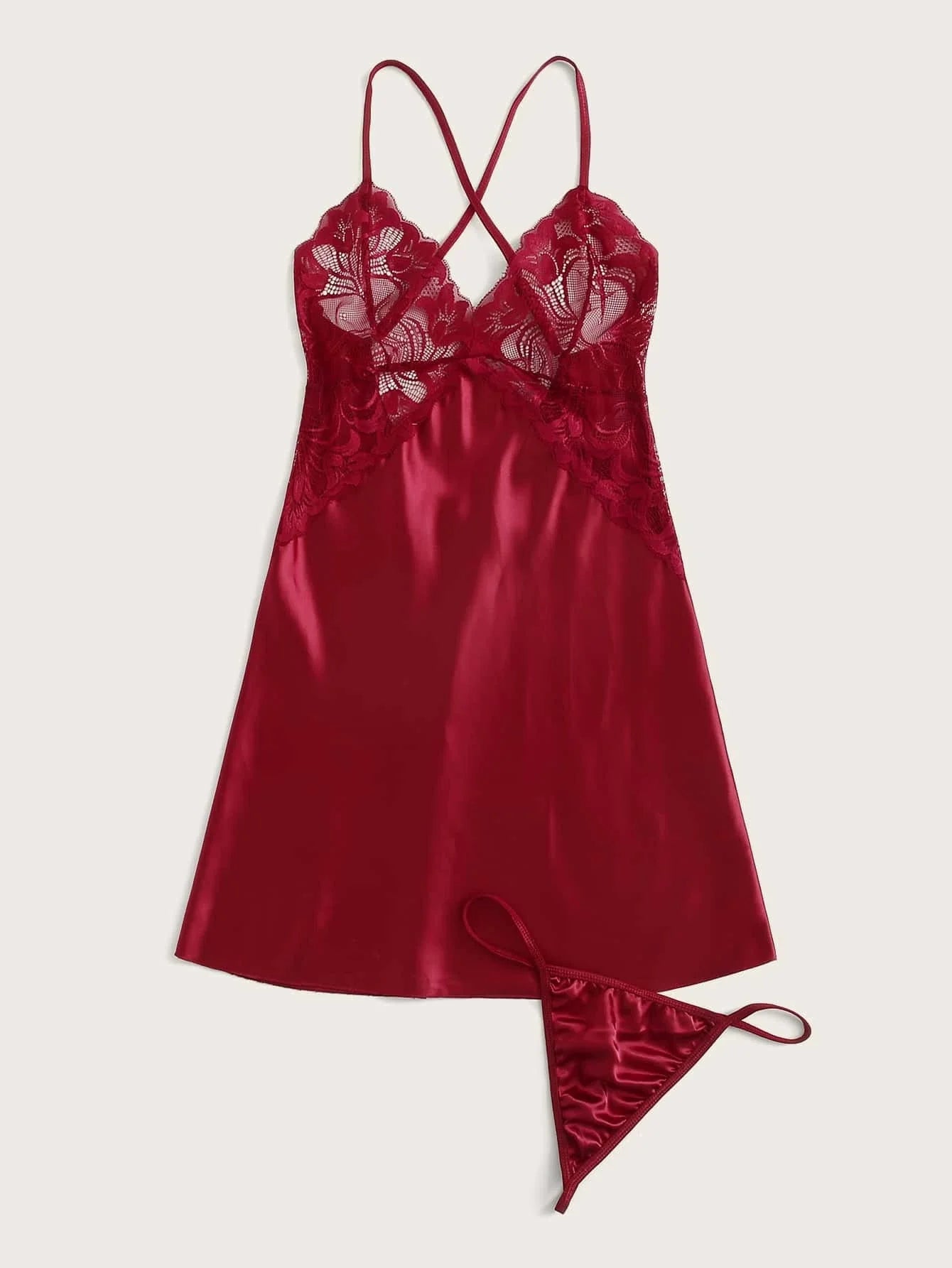 Buy SHEIN Contrast Lace Satin Dress With Thong in Pakistan