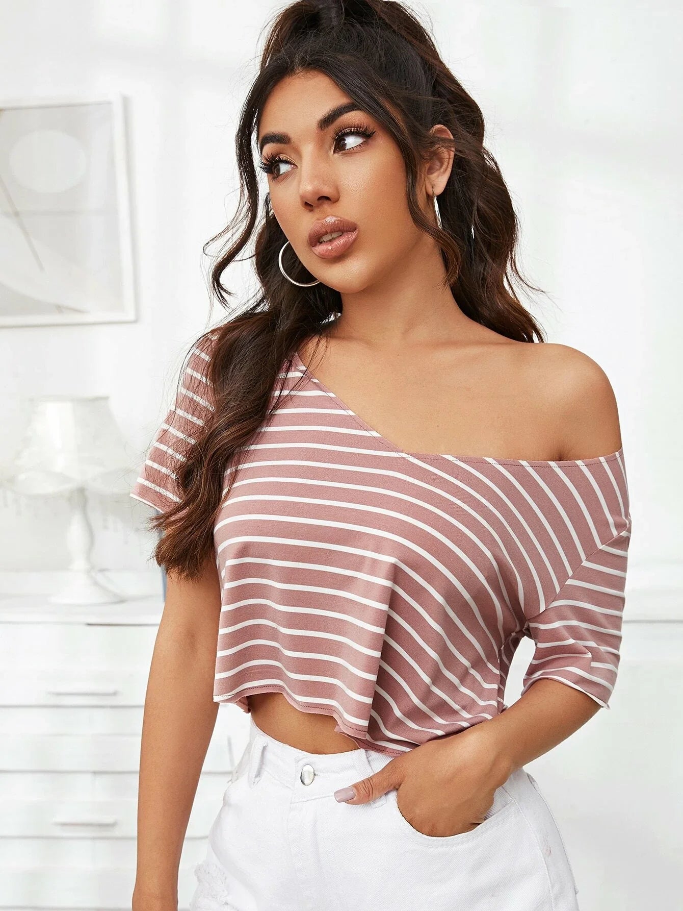 Buy SHEIN V-Neck Striped Crop Top in Pakistan
