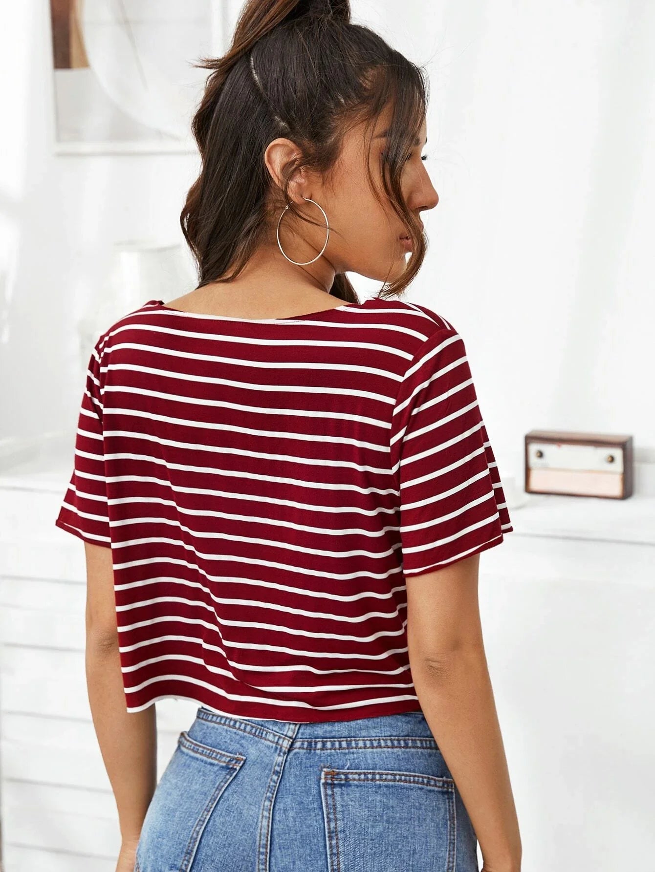 Buy SHEIN V-neck Striped Boxy Tee in Pakistan
