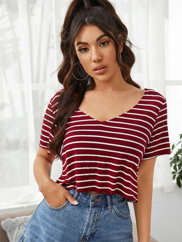 Buy SHEIN V-neck Striped Boxy Tee in Pakistan