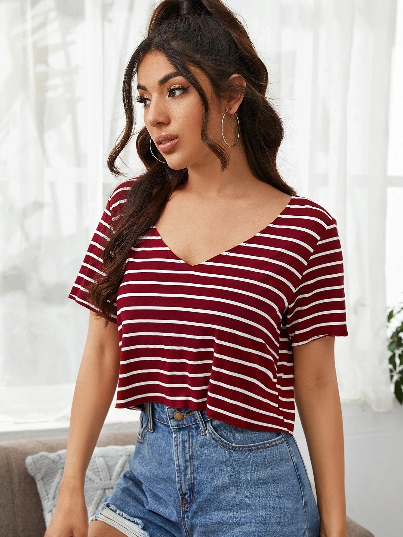 Buy SHEIN V-neck Striped Boxy Tee in Pakistan
