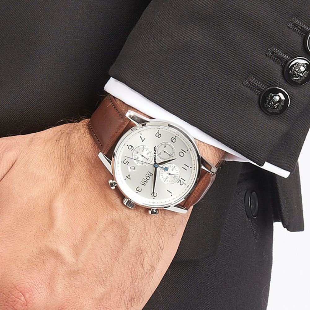Buy Hugo Boss Mens Quartz Brown Leather Strap Silver Dial 44mm Watch - 1513495 in Pakistan
