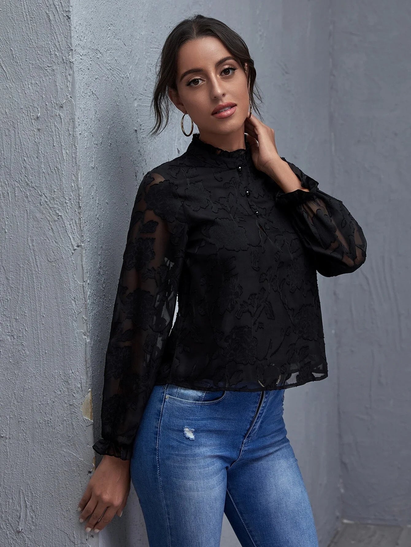Buy Shein Frill Trim Lantern Sleeve Floral Applique Top in Pakistan